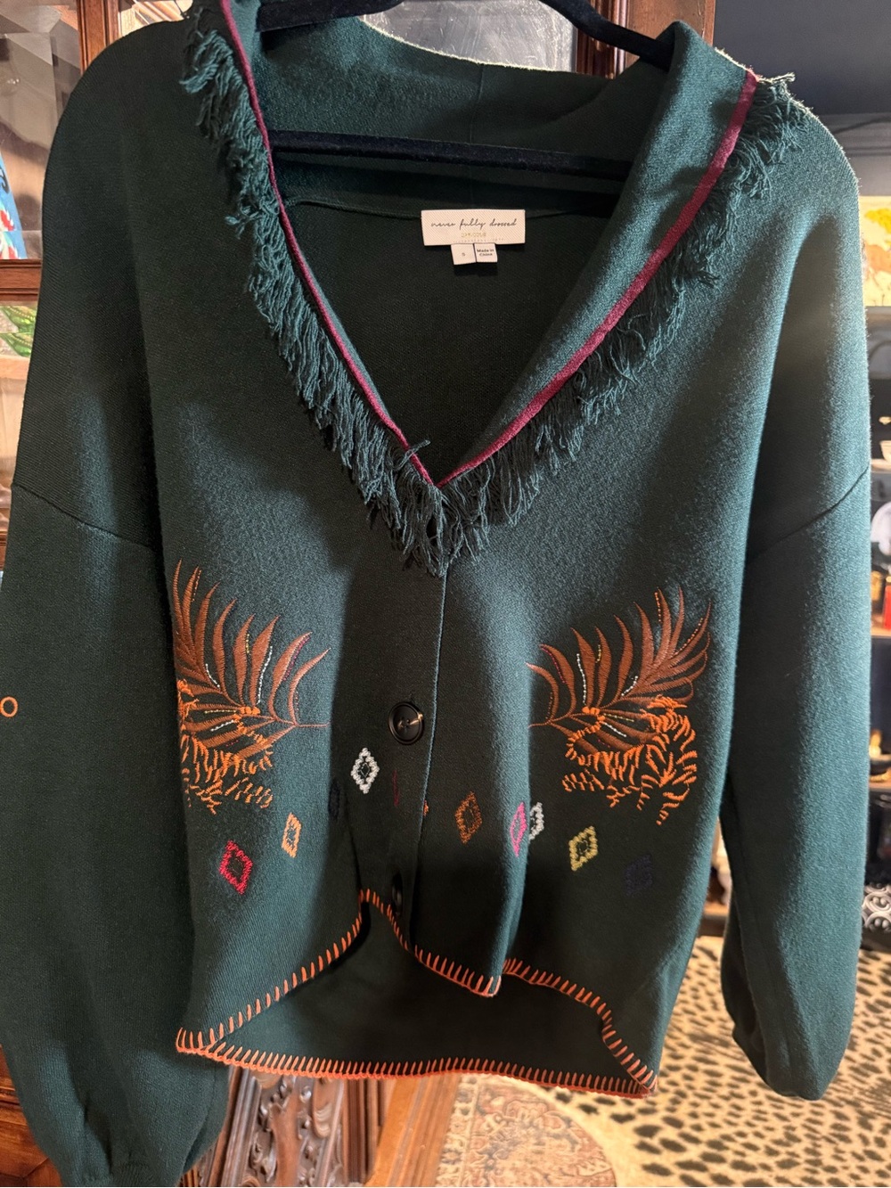 Never Fully Dressed Emerald Green Tiger Embroidered Cardigan